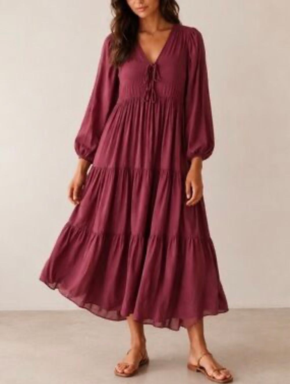 Young Fabulous & Broke Dawn Tiered Maxi Dress Burgundy Peasant Boho Womens Small